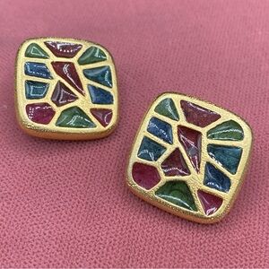 Vintage 1980s Gold Plated Geometric Enamel Earrings Signed Xija